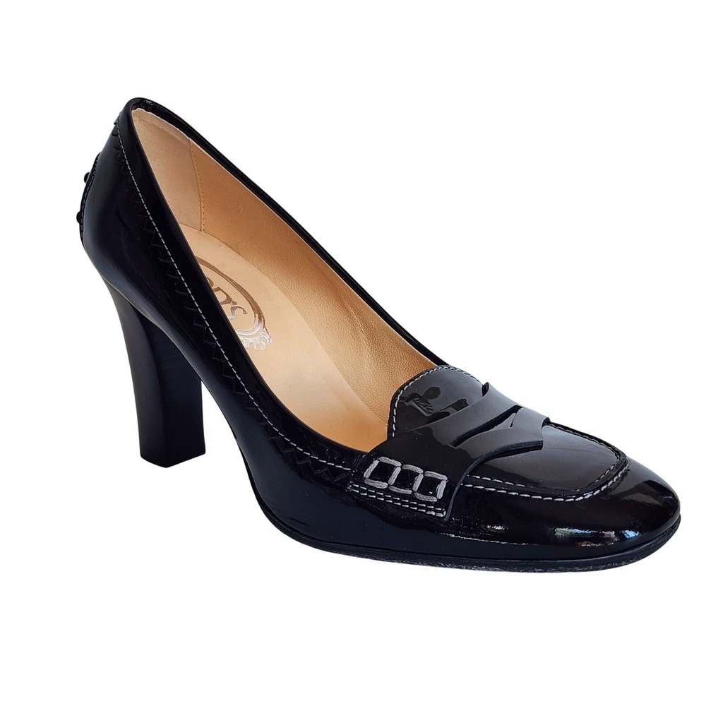 Tod's Black Patent Leather Penny Loafer Square Toe Pumps Contrast Stitch Size 9